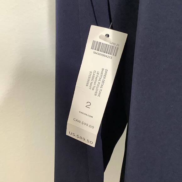 Chico's Navy Blue Long Sleeve Zipper Detail Blouse Top 2 NWT - Picture 7 of 7